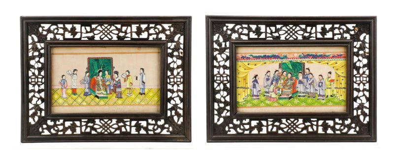 Pair Chinese Figural Paintings, Gouache, 19th C. (1 of 4)