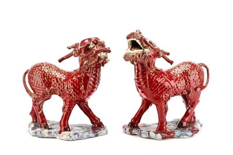 Pair of Chinese Red Glazed Qilin Figures, Marked (1 of 10)