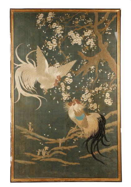 Exquisite Large Chinese Embroidery, Cocks Fighting (1 of 6)