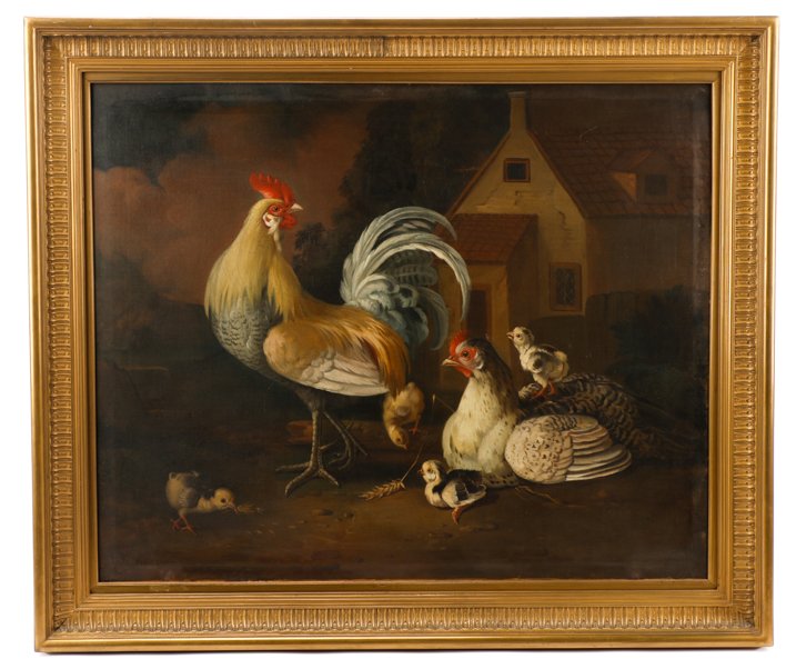 Follower Of Edgar Hunt, "Farmyard Family", Oil: Follower of Edgar Hunt (British, 1876-1953), "Farmyard Family", oil on canvas, apparently unsigned. Bucolic farmyard painting depicting a large, with imposing posture and elegant plumage, with a seate