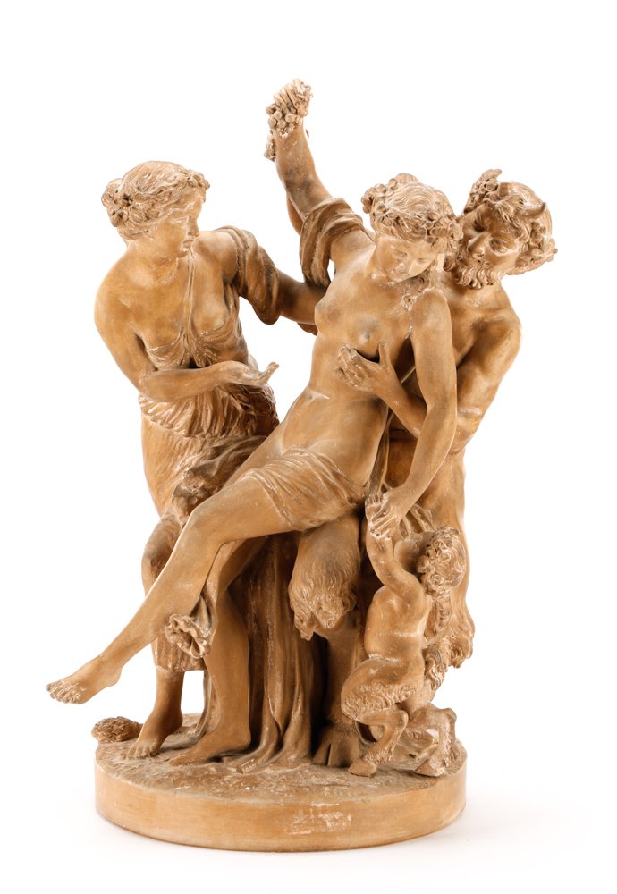 Manner Of Clodion "Bacchanalian Figural Group": Continental School, 20th century. Manner of Claude Michel Clodion (French, 1738-1814), "Bacchanalian Figural Group", terracotta sculpture with patinated stone finish, marked to underside with Double-L