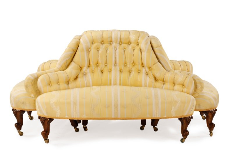 Tufted Silk Tete-a-Tete of 2 Chairs & 2 Settees: American, 19th/20th century. A pair of tufted back demilune parlor chairs, together with a pair of matching love seats or settees, upholstered in yellow, white and blue floral silk and resting on scro