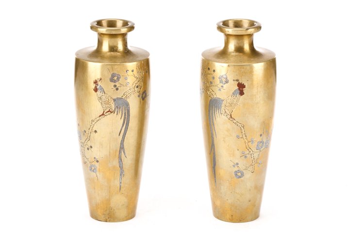 Pair of Japanese Bronze Vases, Cock & Cherry Tree (1 of 10)