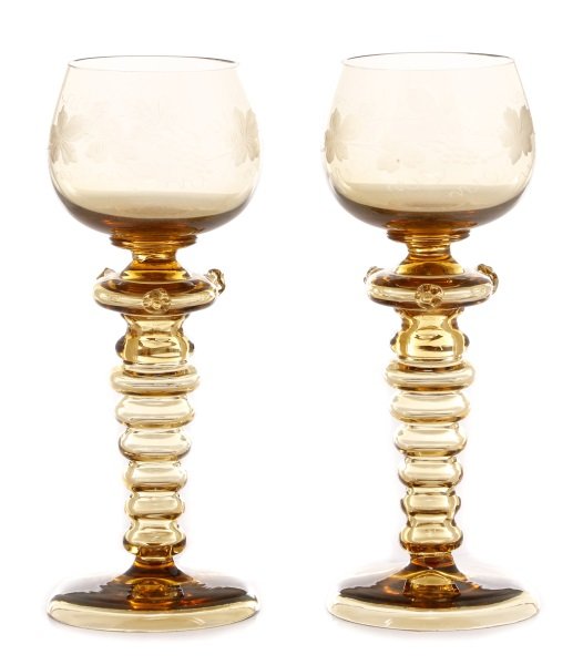 Pair, Amber Bohemian Blown Glass Footed Goblets (1 of 1)