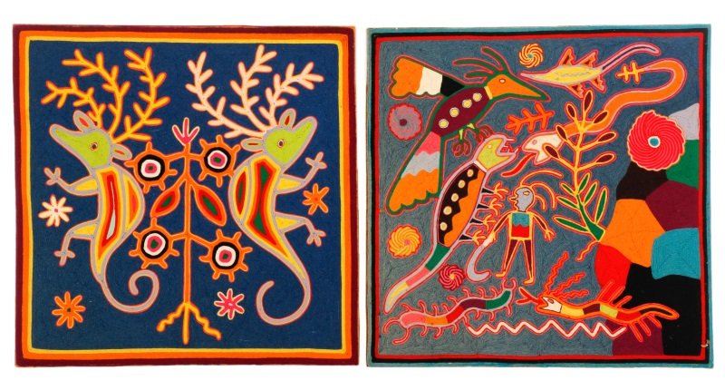 Two Deep Blue Huichol Art Yarn Works on Wood (1 of 1)