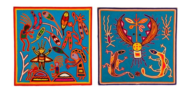 Two Bright Blue Huichol Art Yarn Works on Wood (1 of 7)