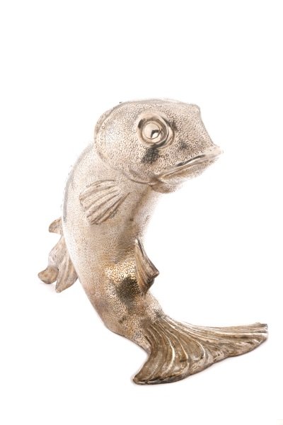 Style of Arthur Court Unique Wine Cooler: Style of Arthur Court (American (California), founded 1966). A figural wine cooler with articulating lid composed of silvered cast bronze in the form of a large fish with elaborate scales. Overall app