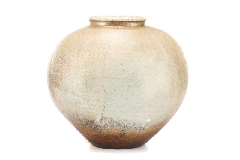 Curt Brill Raku Fumed Pottery Vase, Signed: Curt Brill (American, b. 1952- ). Large bulbous raku fumed pottery vase with circular opening with angled lip at tip above rounded organically shaped body with lightly textured tan to grey brown raku