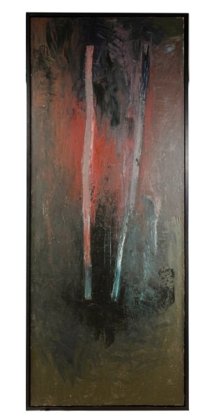 David Mann, "Heat", Oil and Wax on Canvas, 1987: David Mann (American (New York), b. 1950-). "Heat" - 1987, oil and wax on canvas, signed, dated, and titled to verso. Abstract expressionist style painting with impasto handling and two long vertical