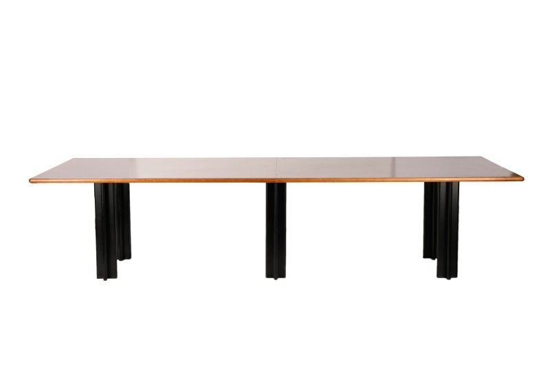 Pascal Mourgue for Knoll Burl Wood "Pascal" Table: Pascal Mourgue (French, 20th century) for Knoll (American, New York, 1929-), designed 1985. A Pascal Conference Table System rectangular conference or dining table, having a stained burl wood top in t