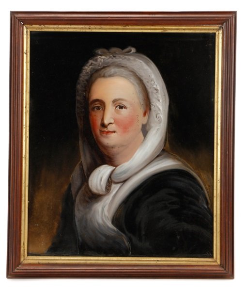 Prior after Stuart "Portrait of Martha Washington": William Prior (American, 1806-1873) after Gilbert Charles Stuart (American, 1755-1828), "Martha Washington"-1796, oil on canvas. A reverse painted or, églomisé, painting after the original by famed