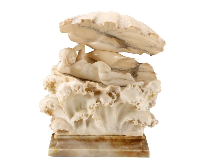 Art Nouveau Figural Carved Alabaster Lamp: Continental, late 19th/ early 20th century. Finely carved alabaster table lamp in two parts comprising main section carved to depict a female nude reclining within an open clamshell set atop rolling f