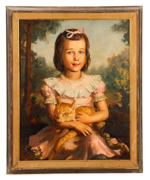 Litte Girl with Tabby Cat, Oil on Masonite: Last half 20th century. "Little Girl with Tabby Cat", oil on Masonite, apparently unsigned. Figural bust-length portrait painting depicting a little girl with short auburn hair tied back with pink rib