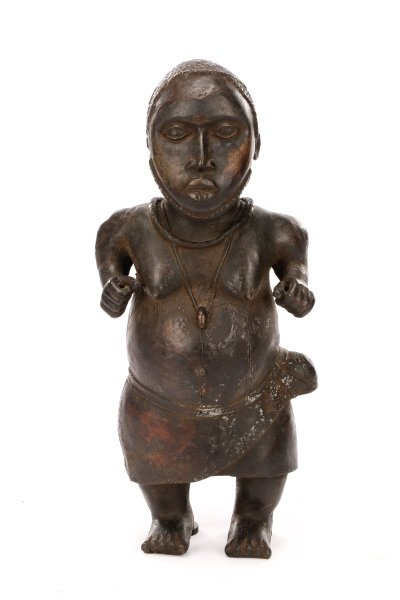 Benin Kingdom, Nigeria, "Court Dwarf", Bronze: Benin Kingdom, Nigeria. "Court Dwarf", bronze, apparently unmarked. Figural sculpture depicting a dwarf from the Edo court of Nigeria, with enlarged head, sunken chest and forehead and short arms and 