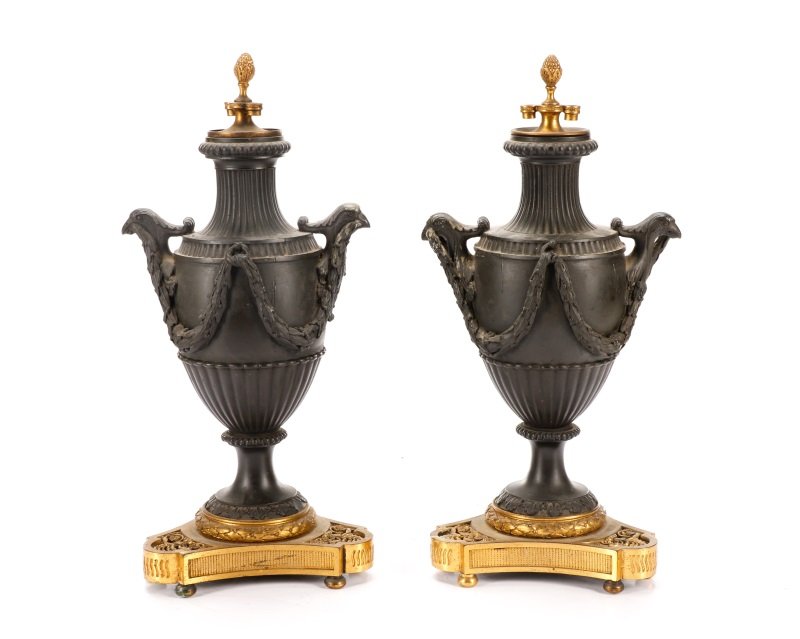 Pair, Empire Style Gilt & Patinated Metal Urns (1 of 1)