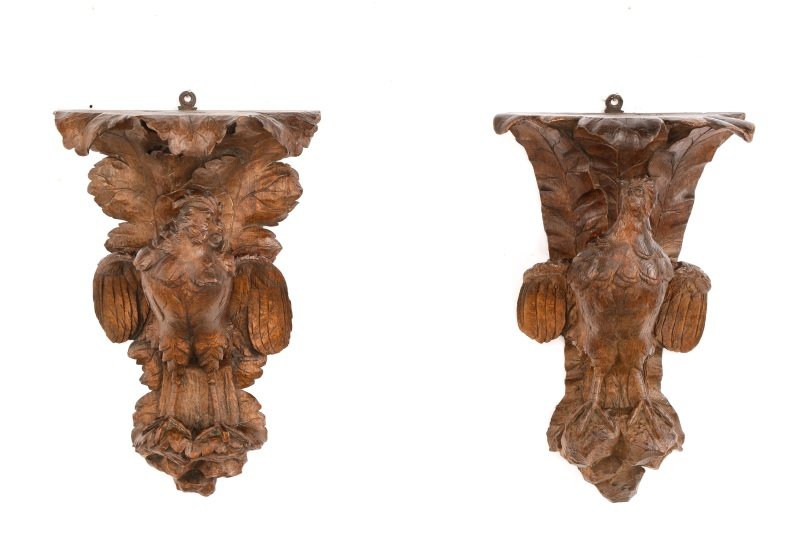 Pair 19th C Black Forest Carved Wood Wall Brackets (1 of 1)