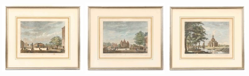 Group of 3 Jacobsz "Views of Amsterdam" Engravings: Collection of three 18th century hand colored engravings by Pierre Fouquet Jr. (Dutch, 1729-1800) after Caspar Philips Jacobsz (Dutch, 1732-1789) from Nieuwe atlas, van de voornaamste gebouwen en gezi