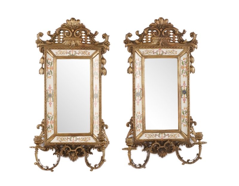 Pair of French Bronze & Porcelain Mirrored Sconces (1 of 6)