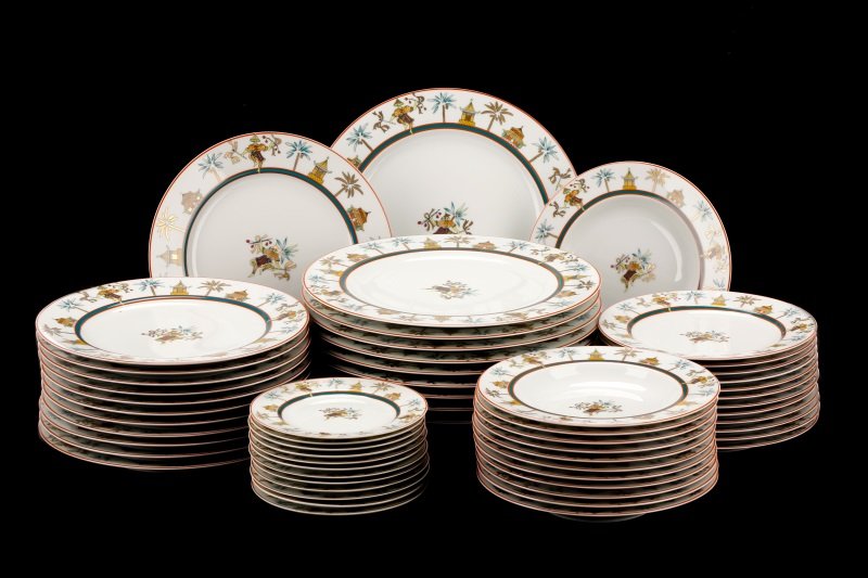 60 Pieces Ancienne Manufacture Royale Décor Mékong: Ancienne Manufacture Royale (French, Limoges,1737-1986, acquired by Bernardaud), late 20th century. A dinnerware set for 12 of 60 pieces of rare and exceptional Décor Mékong, including 12 dinner pla