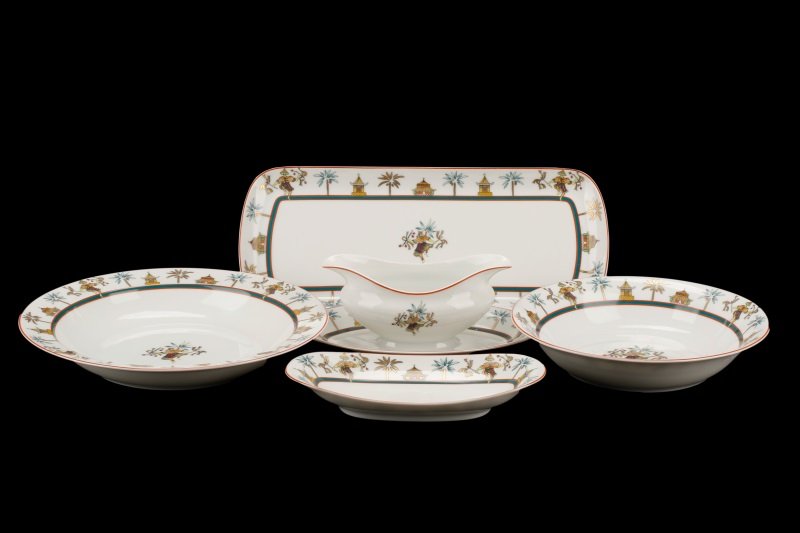 5 Pieces Ancienne Manufacture Royale Décor Mékong: Ancienne Manufacture Royale (French, Limoges,1737-1986, acquired by Bernardaud), late 20th century. A rare and exceptional group of 5 serving pieces of Décor Mékong porcelain dinnerware, including 2