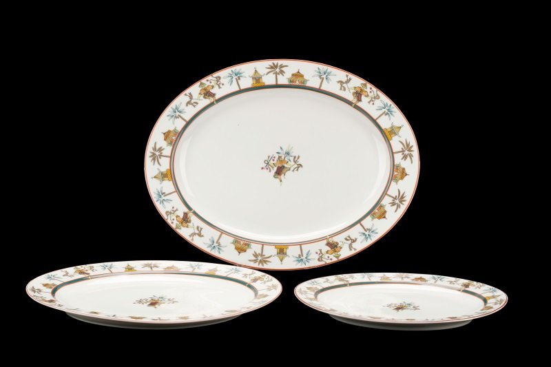3 Pieces Ancienne Manufacture Royale Décor Mékong: Ancienne Manufacture Royale (French, Limoges,1737-1986, acquired by Bernardaud), late 20th century. A rare and exceptional group of 3 serving pieces of Décor Mékong porcelain dinnerware, including 1
