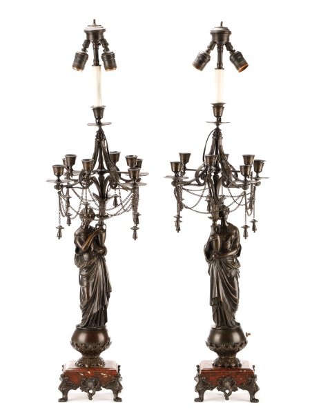 Pair, French Neoclassical Bronze Candelabrum Lamps (1 of 10)