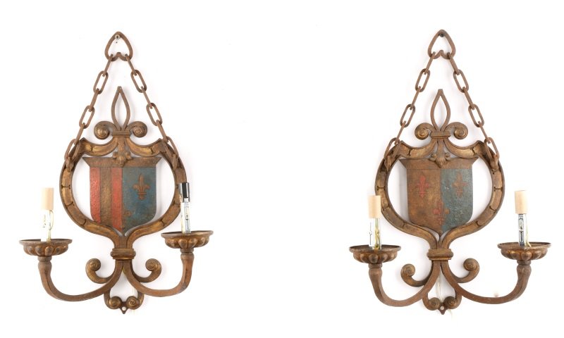 Pair, French Provincial Wrought Iron Crest Sconces (1 of 8)