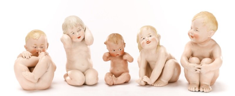 Group of Five 19th C. Heubach Bisque Piano Babies: Gebruder Heubach (German, 1840-2912), circa 1890-1900. A group of five small hand painted bisque figures depicting plump nude babies. Each to underside with impressed maker's mark for Heubach, some al