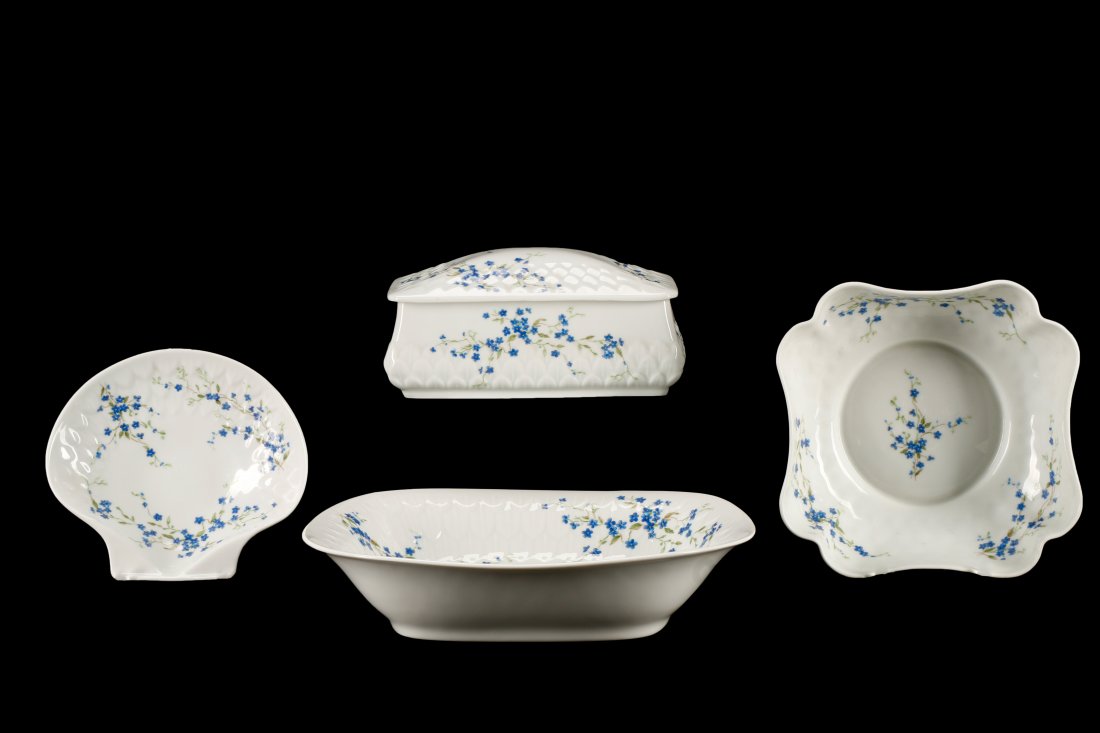 5Pc. Set Bernardaud Limoges "Myosotis" Pattern: Bernardaud Limoges (French, founded 1863). Five piece porcelain set in the "Myosotis" pattern comprising shell form nut or trinket bowl, rectangular lidded dresser box, rounded square serving bowl, an