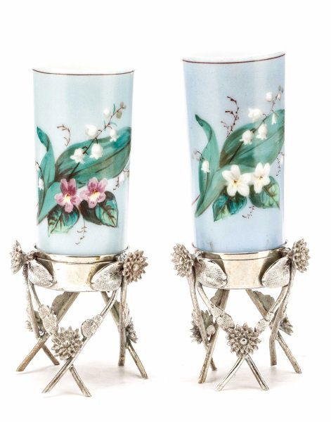 Pair of Victorian Glass Vases in Silver Stands (1 of 9)