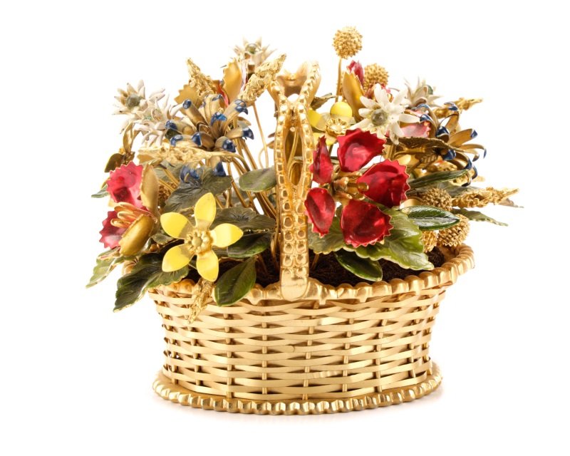 Jane Hutcheson Gorham "Fleurs des SiÃ¨cles" Basket: Jane Hutcheson for Gorham (American, founded 1831), circa 1970-85. From the "Fleurs des SiÃ¨cles (Flowers of the Centuries)" gift line, an enamel and gold plated object d'art in the form of a basket
