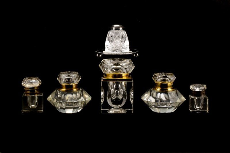 Group of 6 Brass & Silver Mounted Glass Inkwells (1 of 7)