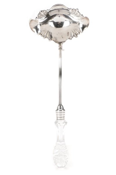 Pairpoint Silver & Brilliant Cut Glass Ladle: Pairpoint (American, found 1837), circa - 1885-1915. A silver and American brilliant cut glass punch ladle having a cut glass handle decorated with hobstar, strawberry diamond and fan motif with silve