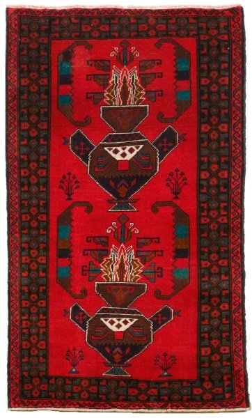 Hand Woven Baluchi Throw Rug (2' 8" x 4' 8"): Wool. Iran. Hand woven Baluchi throw rug. Decorated with two urns with cascading flowers flaked by boats. Geometric figural design border on burgundy field. Also with green, brown, black, and cream ac