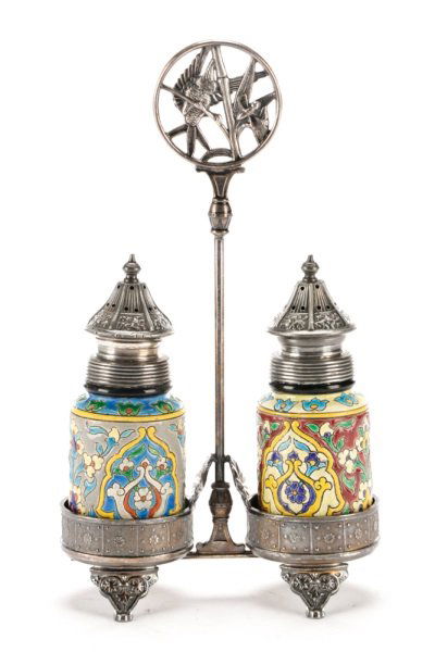 Faience Salt & Pepper Shakers in Silver Caddy (1 of 6)