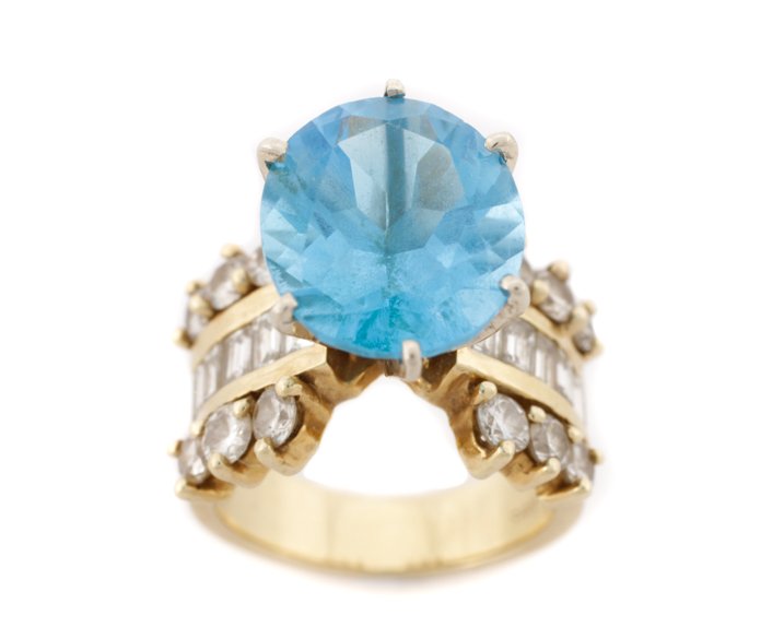 Large 14K Yellow Gold, Blue Topaz, & Diamond Ring (1 of 7)