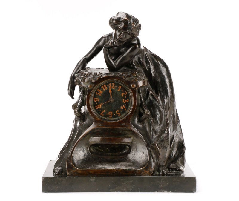 Art Nouveau Bronze and Onyx Mantle Clock, Signed (1 of 10)