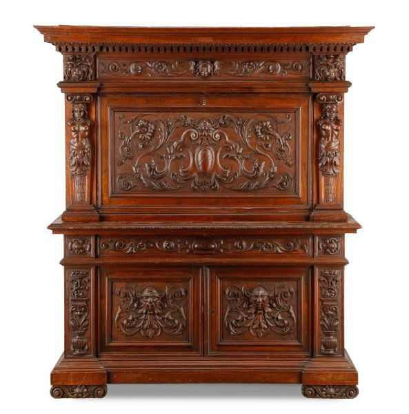 Highly Carved and Stained Oak Drop Front Bar (1 of 10)