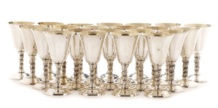 Set of 22 Spanish Silver Goblets w/Grapevine Stem: Set of twenty-two Casa Pupo silver plate wine goblets having an gold interior and raised on a grapevine decorated stem. Marked to the underside "CASA PUPO SPAIN". Approximate height 5.5".