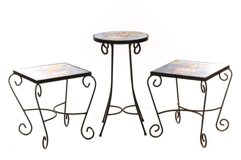 3 Nino Parucca Hand Painted Terracotta Side Tables: Nino Parucca (Italian, Palermo, Sicily, 1965-), contemporary. Three hand painted and glazed terracotta patio side tables, each with a square hand painted terracotta top, one depicting colorful kissing
