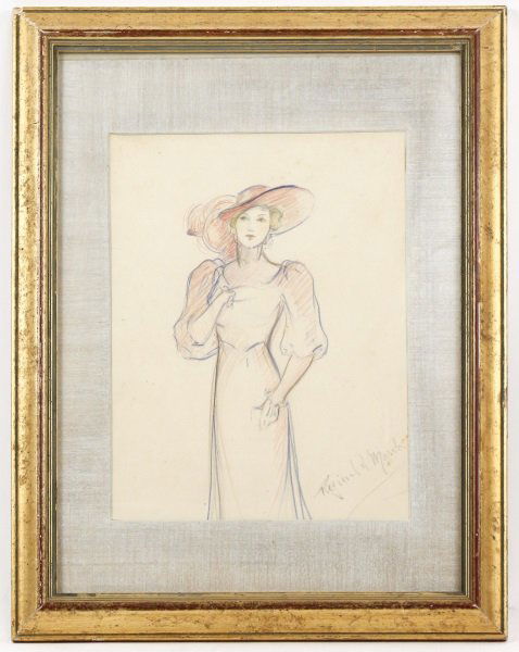 Reginald Marsh, Drawing of a Woman, Signed: Reginald Marsh (American (New York/Vermont), 1898-1954), "Woman in Pink", colored pencil and pencil drawing on paper, pencil signed lower right. Figural drawing depicting a young woman with curled blo