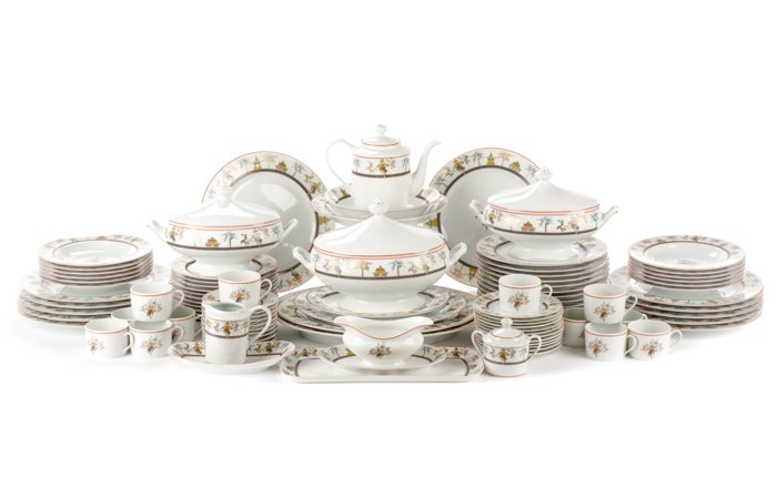 97 Pieces Ancienne Manufacture Royale Decor Mekong: Ancienne Manufacture Royale (French, Limoges,1737-1986, acquired by Bernardaud), late 20th century. A rare and exceptional porcelain dinnerware service for 12 of 97 pieces of rare and exceptional Deco