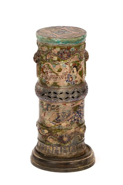 Japanese Satsuma Glazed Garden Seat or Pedestal: Japanese, likely Meiji Period (1868-1912). An unusual Satsuma glazed pottery garden seat or pedestal of tall cylindrical form with flared foot bearing band of enamel lappets, convex band to center of 