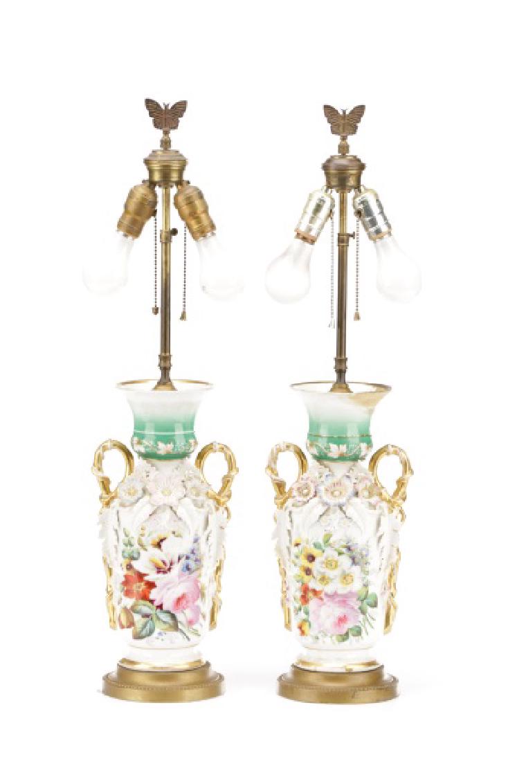 Pair, Old Paris Porcelain Floral Urn Motif Lamps (1 of 10)