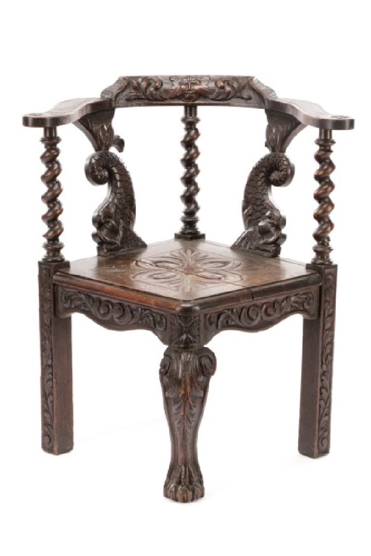 Carved Oak Jacobean Revival Corner Chair, 19 C. (1 of 9)