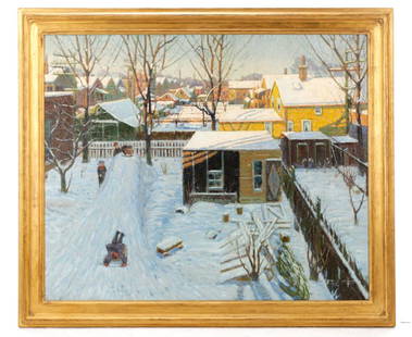 Frank J. Gavencky, "Backyard Snow Scene"-1925: Frank J. Gavencky (American (active Illinois), 1888-1966), "Backyard Snow Scene"-1925, oil on canvas, signed and dated to lower right "Frank J. Gavencky 1925". Figural city scene painting depicting ch