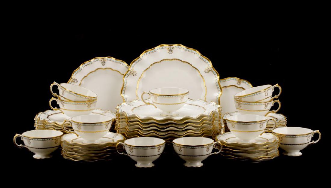 Royal Crown Derby "Lombardy" China Service for 12: Royal Crown Derby (English, founded c.1750). A five-piece service for twelve (less one teacup) set of fine bone china in the Lombardy pattern comprising 12 dinner plates, 12 salad plates, 12 dessert o