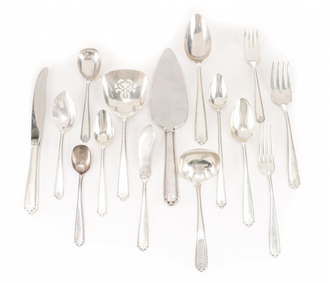 Westmoreland "Lady Hilton" Sterling Service for 12: Westmoreland Sterling Co. (Manufactured by Wallace Silversmiths), (American, founded 1871). A 77 piece sterling silver flatware set in the Lady Hilton pattern (1940-2001) comprising 12 5-piece place s