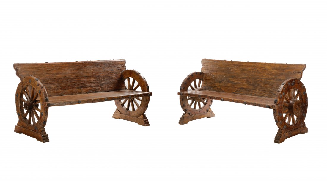 Pair, American Rustic Oak Wagon Wheel Benches (1 of 8)