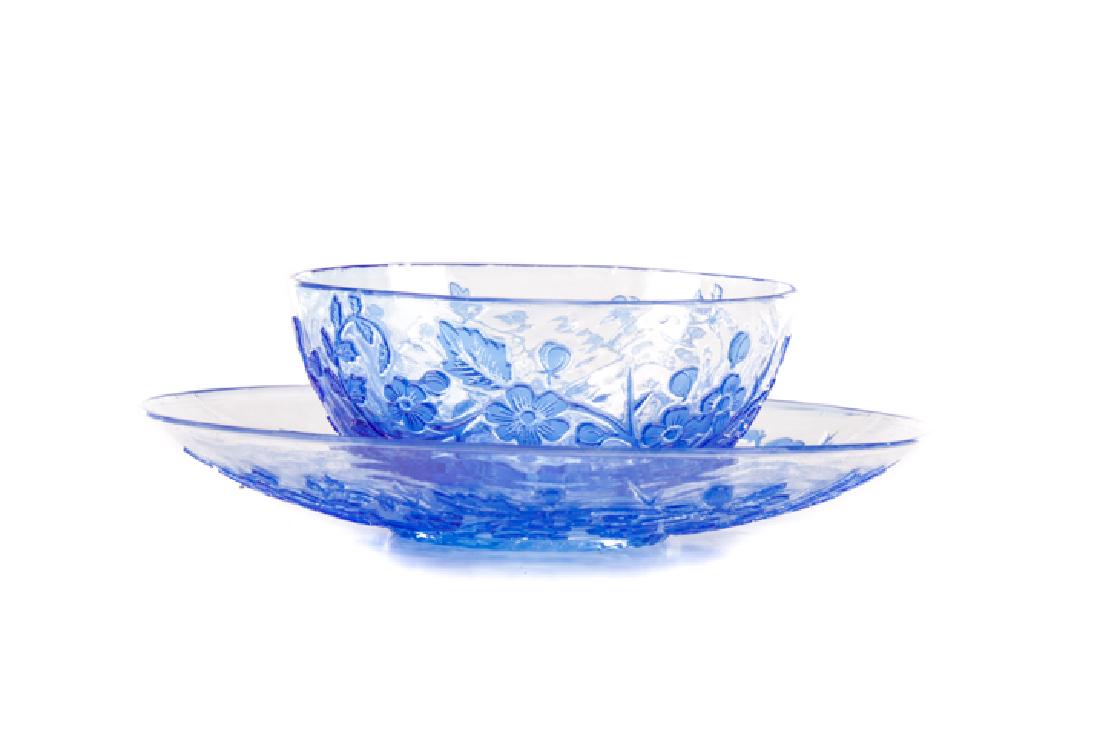 Webb Blue Art Glass Floral Cup & Saucer: Thomas Webb & Sons (England 1840-1990), circa 1887. A fine cameo glass bowl with matching saucer or underplate having blue floral decoration cut to clear. Underside of saucer with acid-etched mark ind